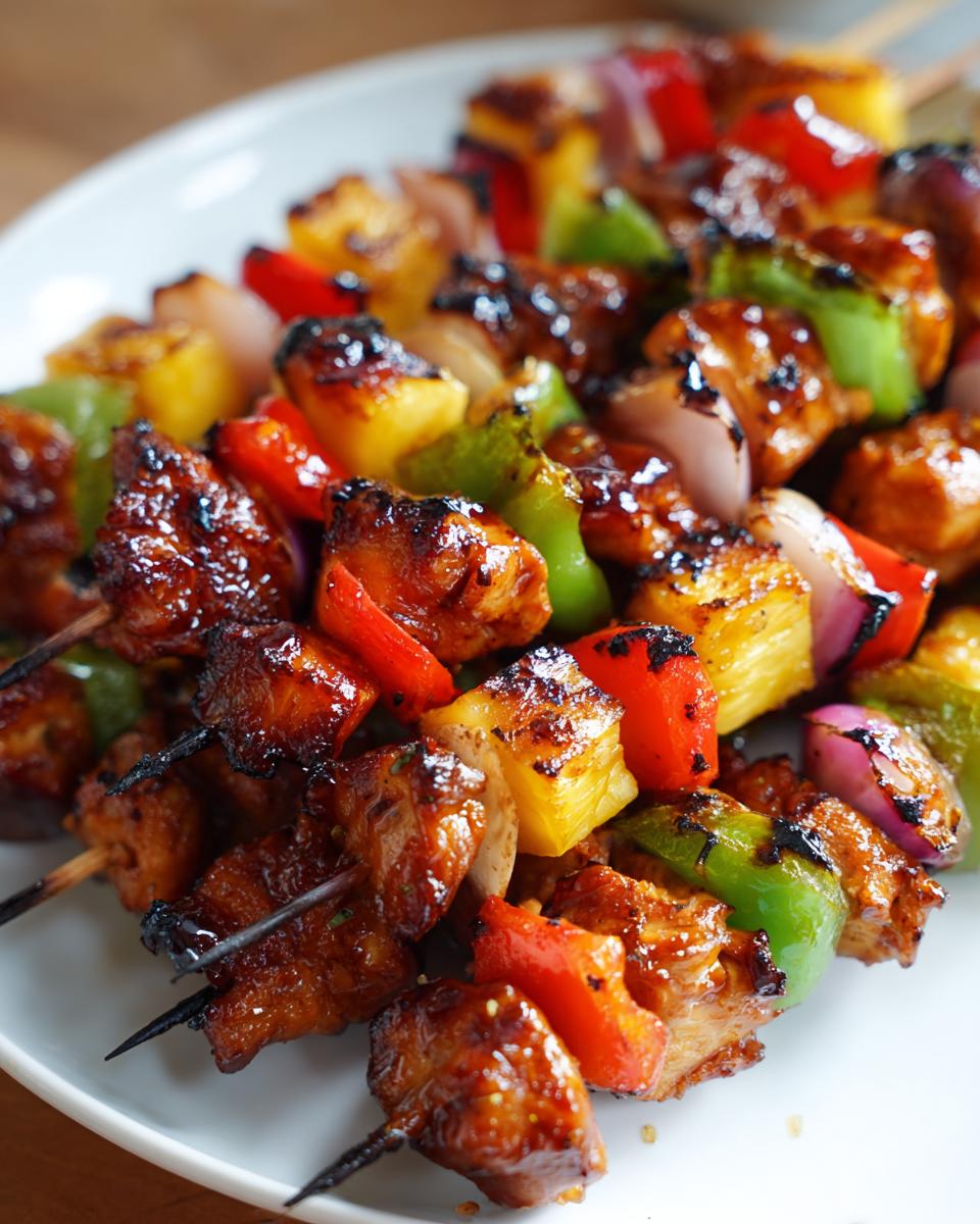 Close-up of glazed Hawaiian Chicken Kabobs with pineapple, red and green peppers, and onions on skewers.