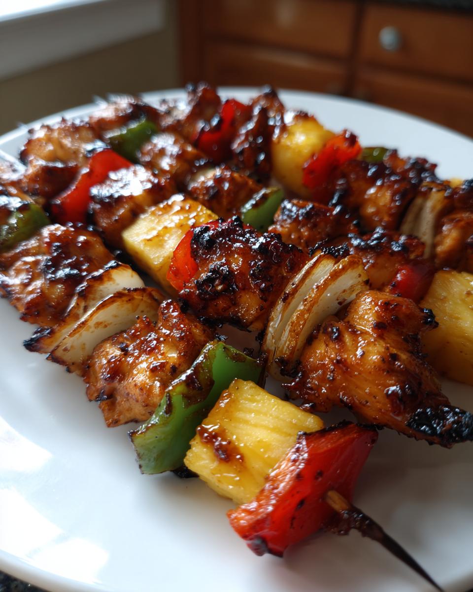 Close-up of glazed Hawaiian Chicken Kabobs with pineapple, peppers, and onions, ready to eat.