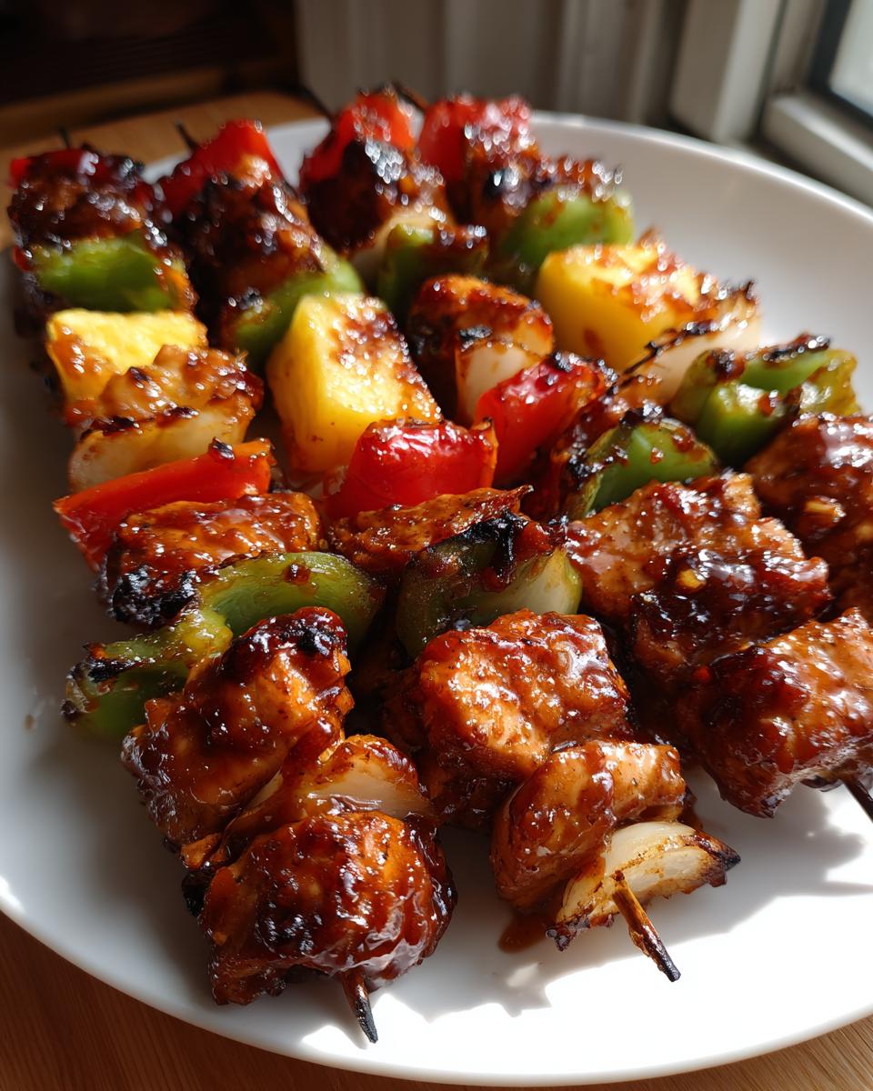 Close-up of glazed Hawaiian Chicken Kabobs with pineapple, peppers, and onions on a white plate.