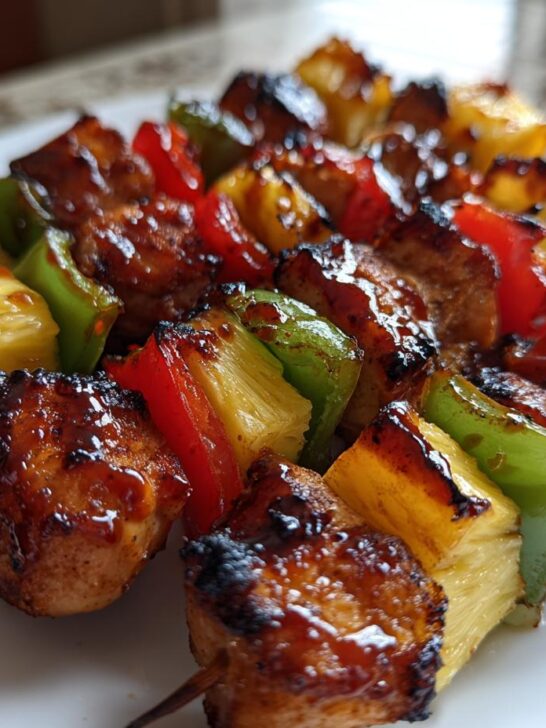 Close-up of freshly cooked Hawaiian Chicken Kabobs with pineapple chunks and bell peppers, covered in a sweet glaze.