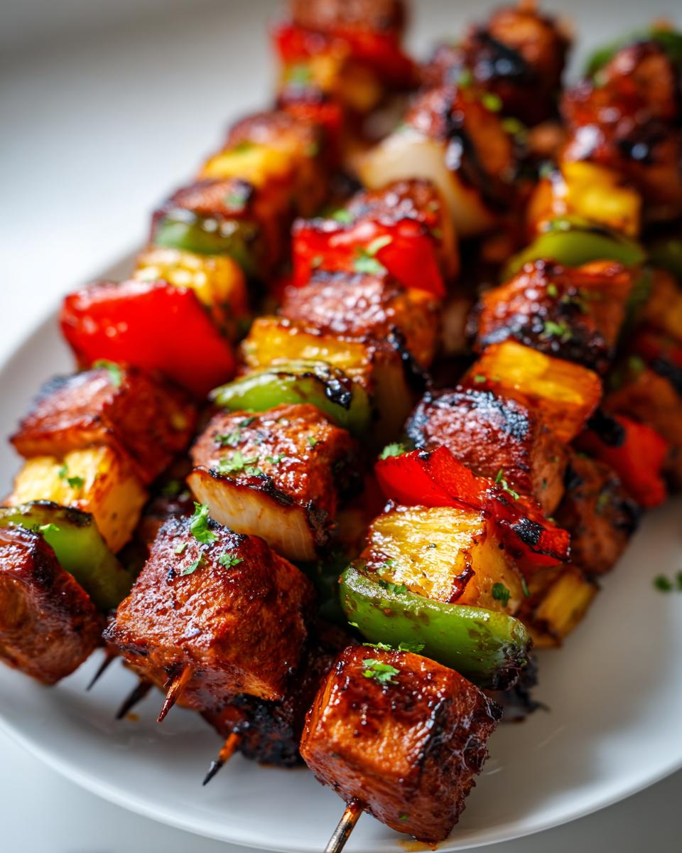 Close-up of glazed Hawaiian Chicken Kabobs Air Fryer And Oven, featuring chicken, pineapple, peppers, and onions.