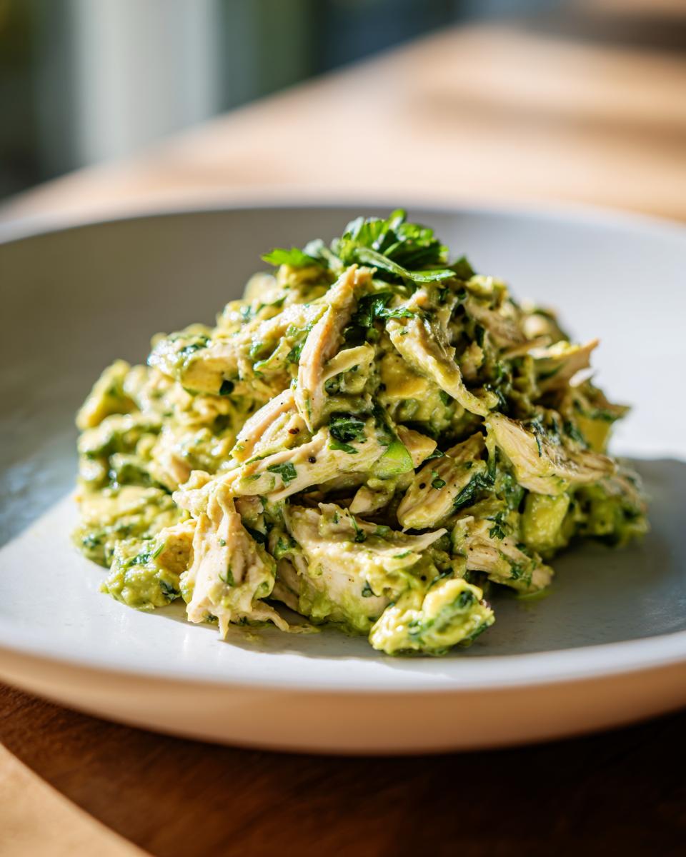 A mound of creamy Healthy Avocado Chicken Salad, featuring shredded chicken mixed with green avocado dressing and herbs, served on a light plate.