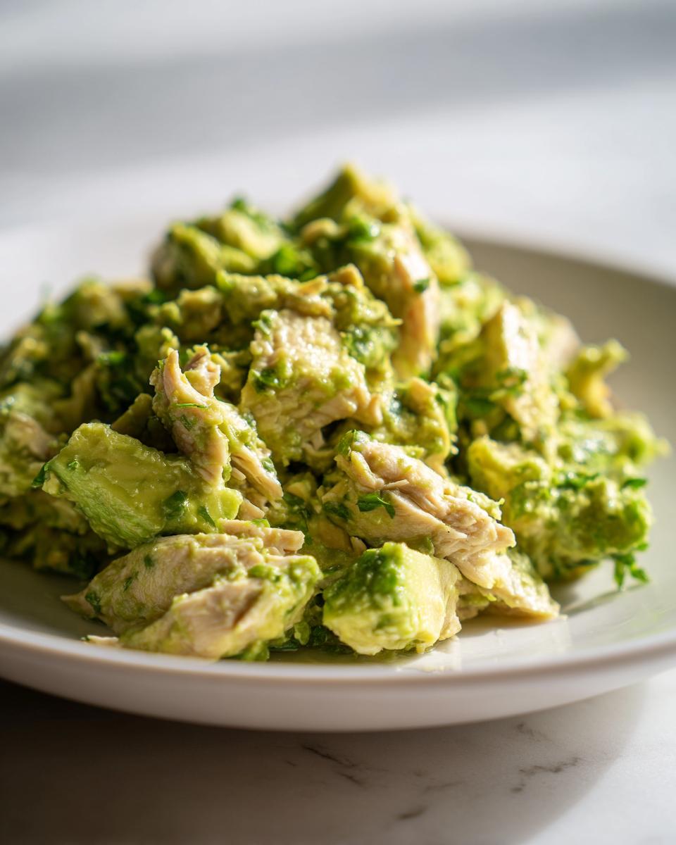 A close-up of chunky pieces of chicken mixed with mashed avocado and herbs, representing the Healthy Avocado Chicken Salad.