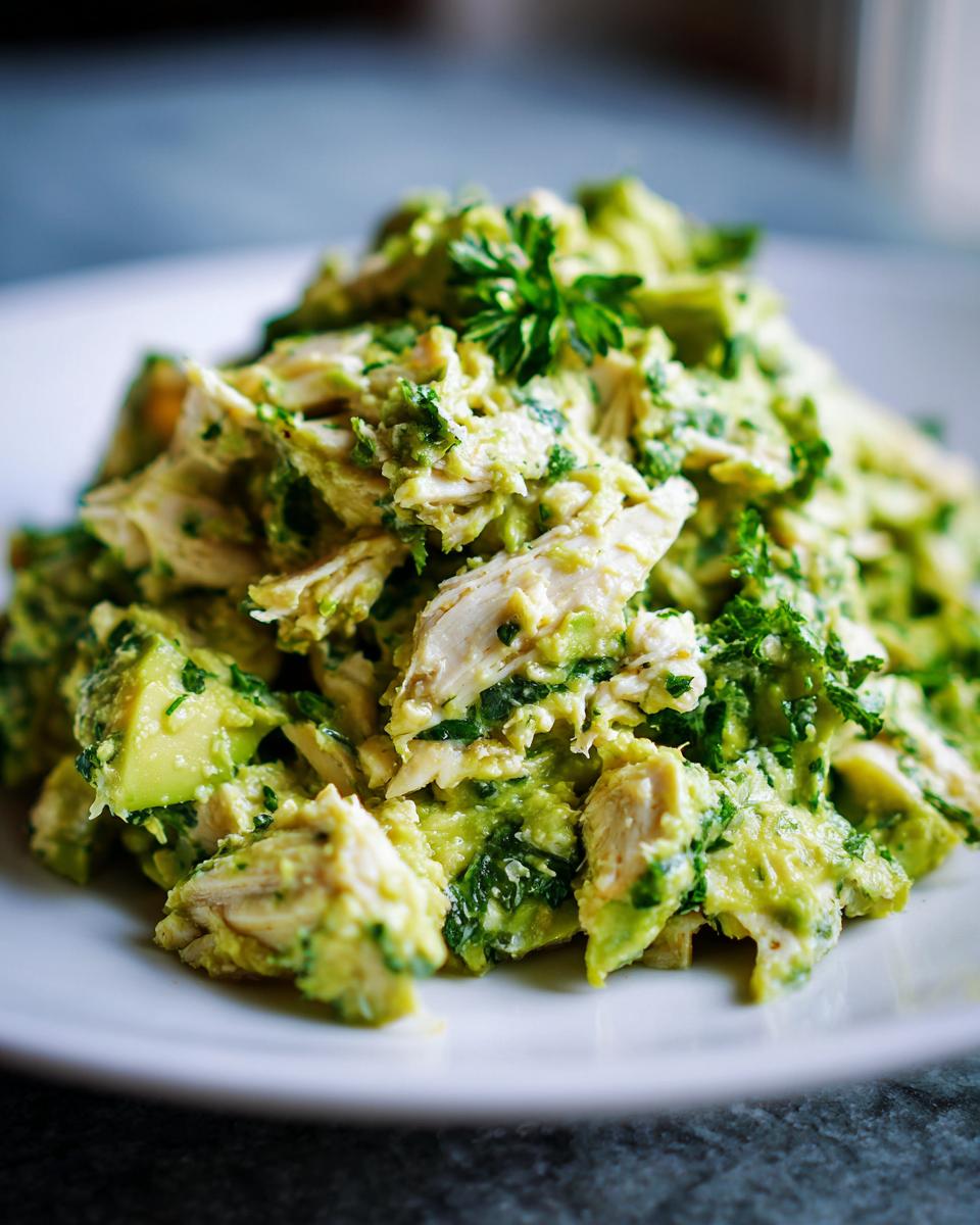 A close-up of Healthy Avocado Chicken Salad featuring shredded chicken mixed with creamy avocado and fresh green herbs on a white plate.