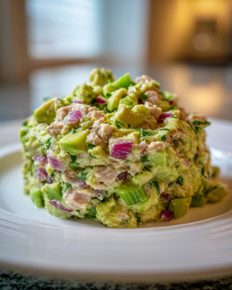 A molded serving of Healthy Avocado Tuna Salad featuring chunks of avocado, tuna, red onion, and celery on a white plate.