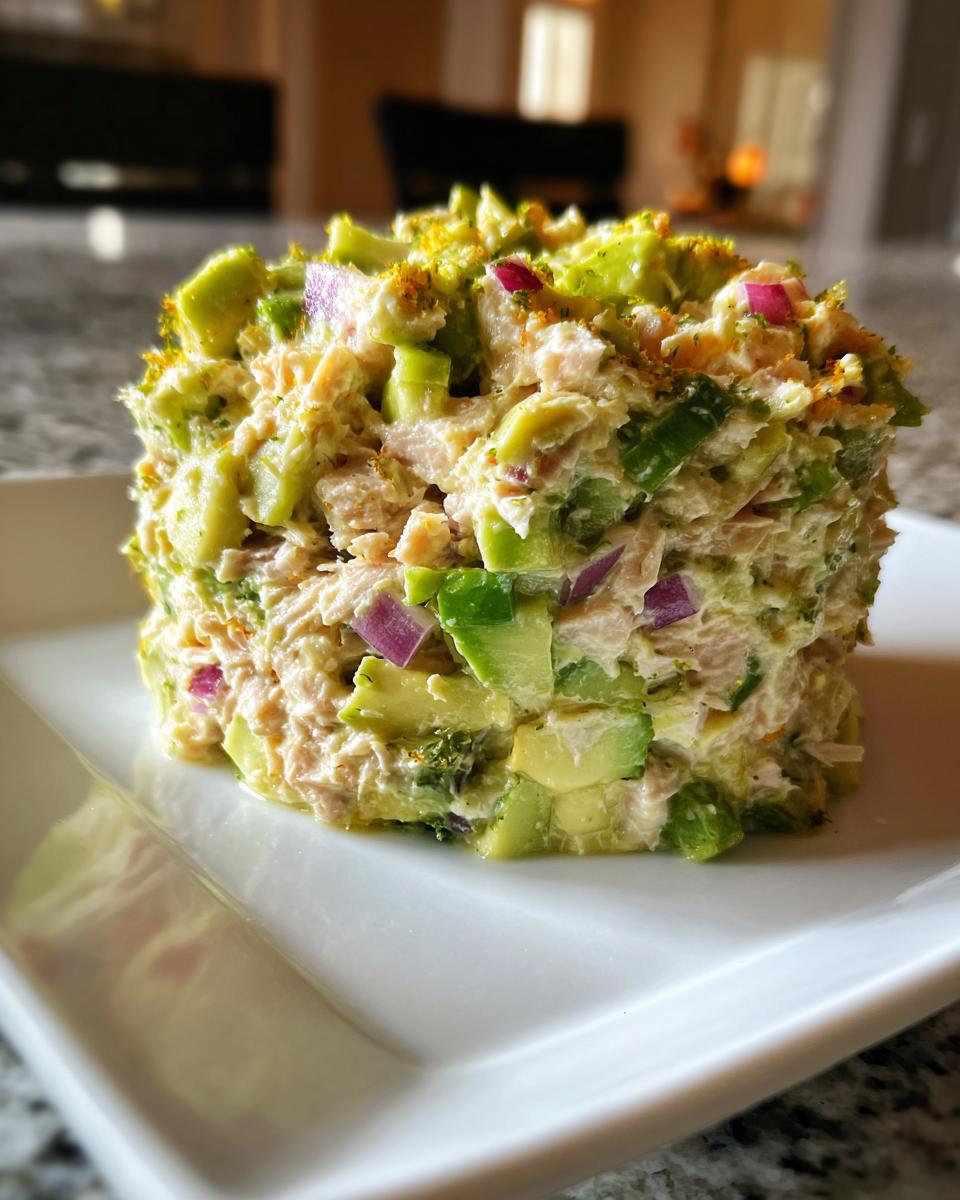 A molded serving of Healthy Avocado Tuna Salad featuring chunks of avocado, red onion, and tuna on a white plate.
