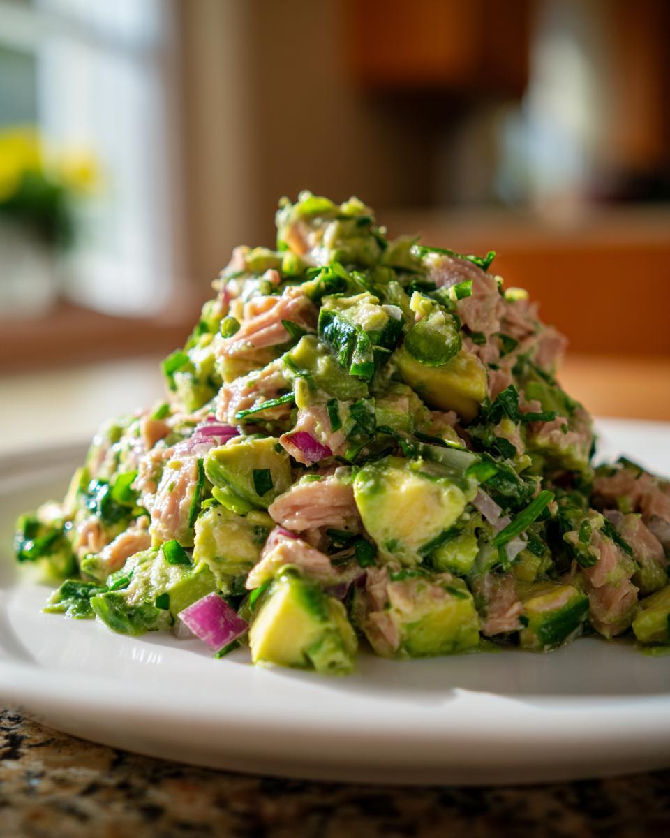A mound of Healthy Avocado Tuna Salad featuring chunks of avocado, tuna, and red onion on a white plate.