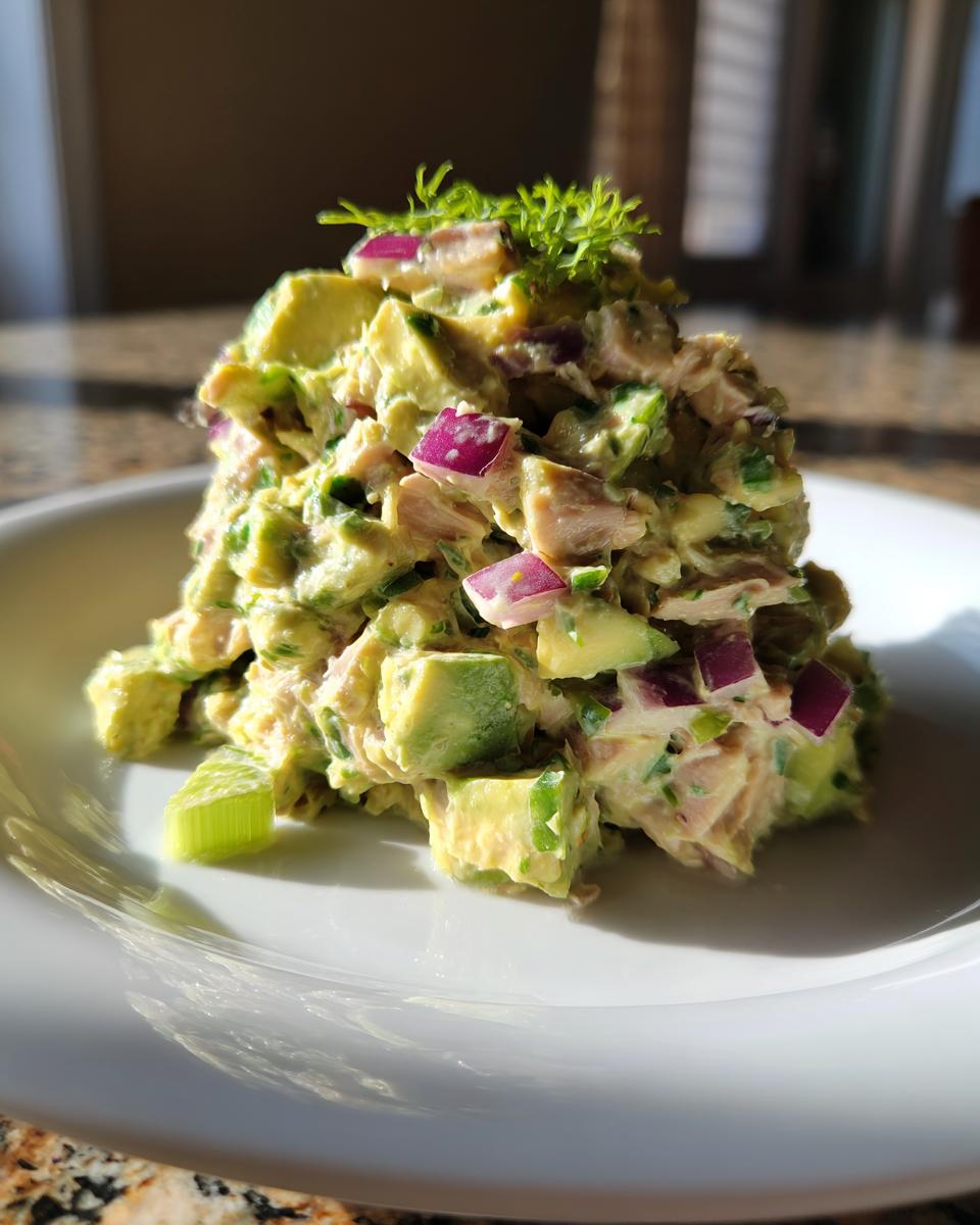 A mound of Healthy Avocado Tuna Salad featuring chunks of avocado and red onion, garnished with greens, served on a white plate.