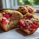 A close-up of a Healthy Strawberry Banana Yogurt Muffin cut in half, showing moist texture and bright red strawberry pieces inside.