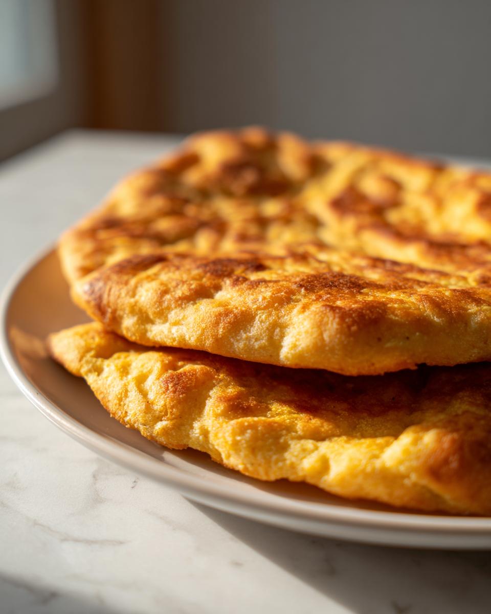 Close-up of two golden-brown High Protein Red Lentil Flatbreads stacked on a light plate.