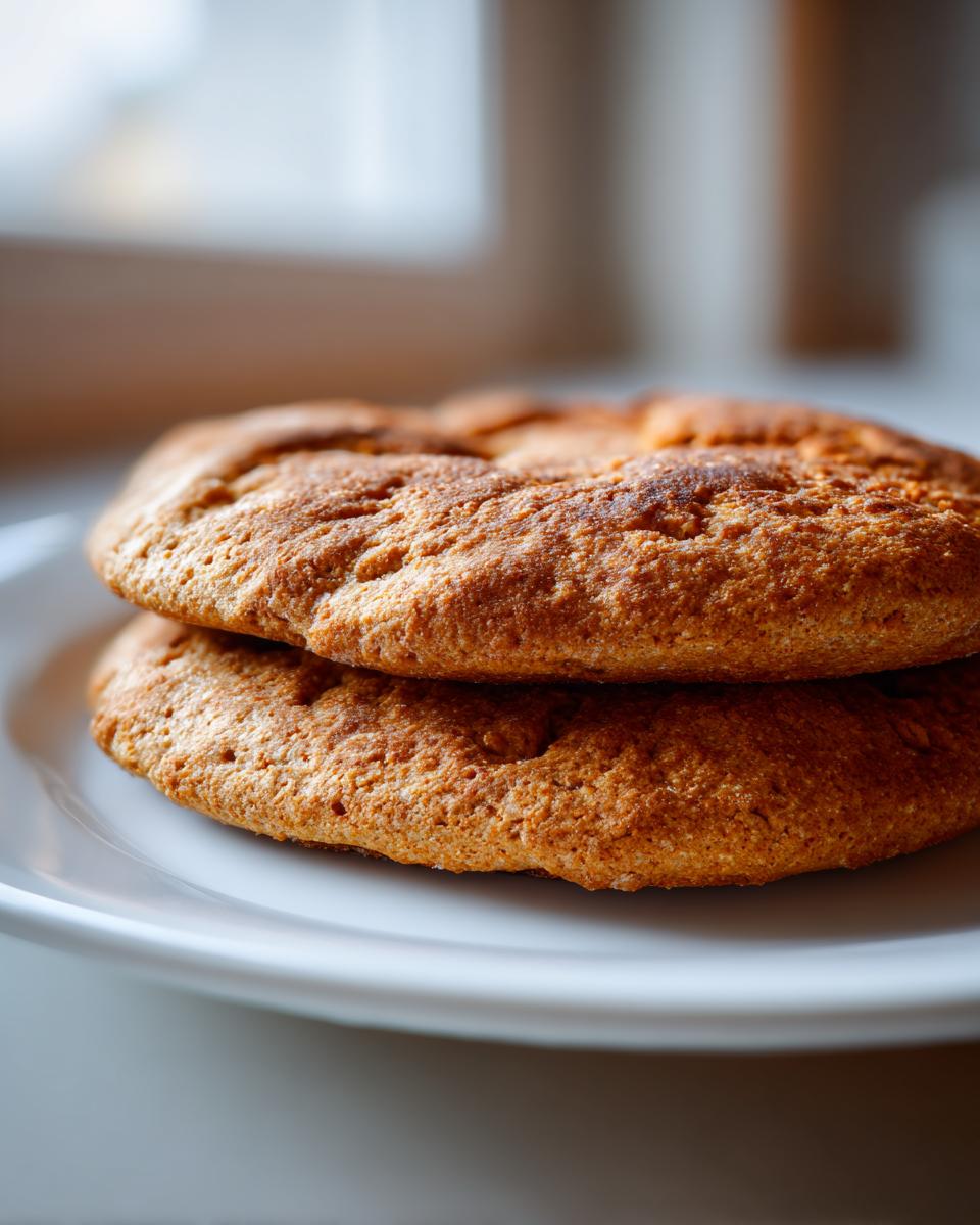 Close-up of two golden-brown High Protein Red Lentil Flatbreads stacked on a white plate.