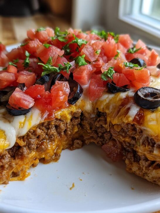 A close-up of a thick slice of Homemade Mexican Pizza showing layers of meat, melted cheese, olives, and diced tomatoes.