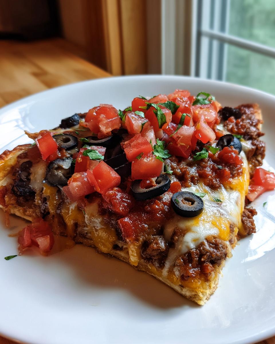 A close-up of a slice of Homemade Mexican Pizza topped with seasoned beef, melted cheese, black olives, and diced tomatoes.