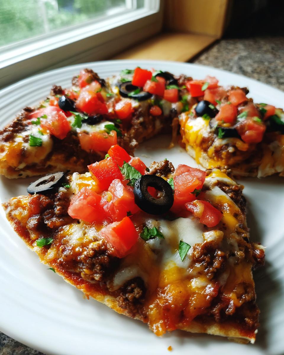 Close-up of three slices of Homemade Mexican Pizza topped with seasoned beef, melted cheese, diced tomatoes, and black olives.