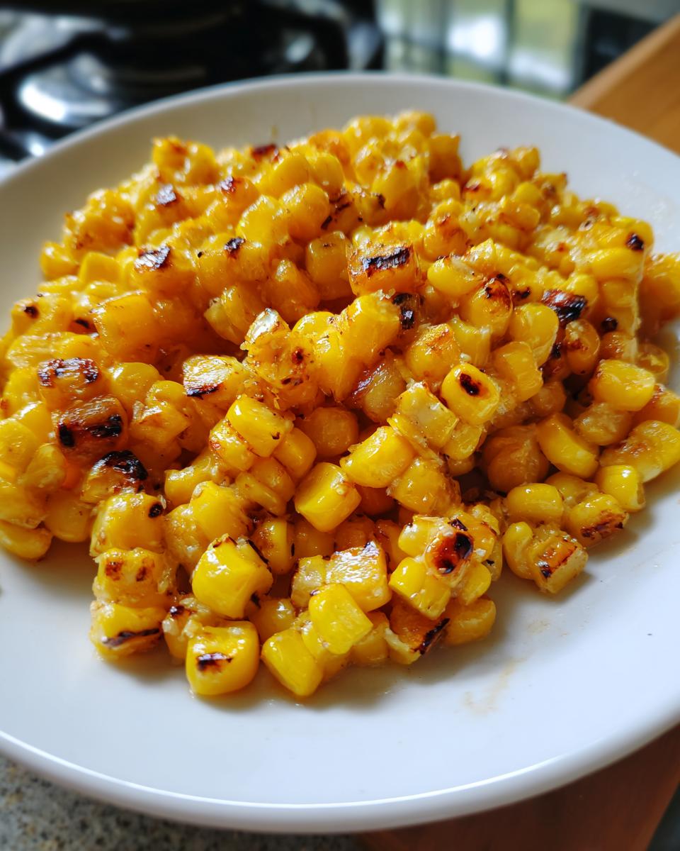 Close-up of caramelized Honey Butter Skillet Corn served on a white plate, showing charred edges.