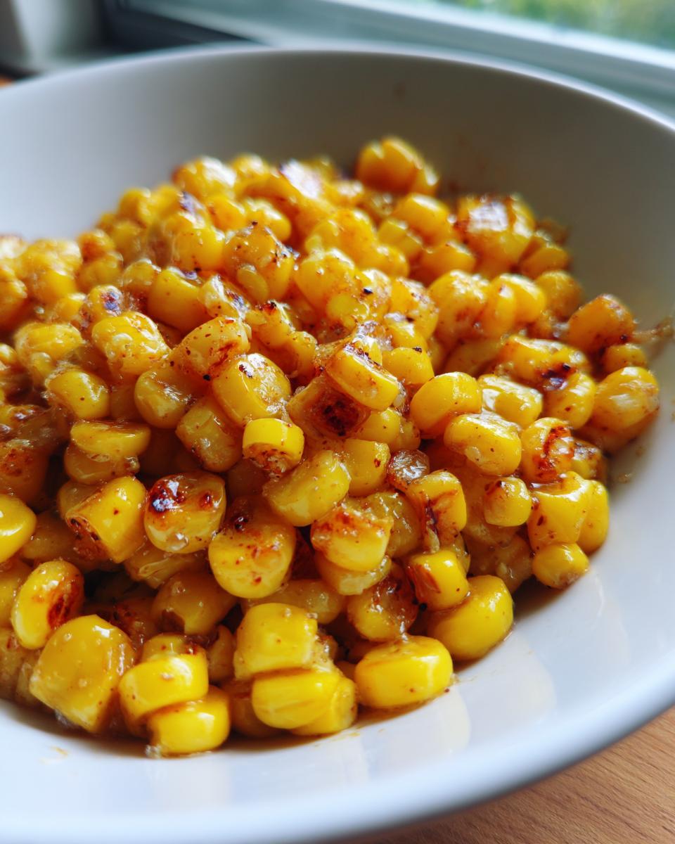 A close-up view of glossy, caramelized kernels of Honey Butter Skillet Corn served in a white bowl.
