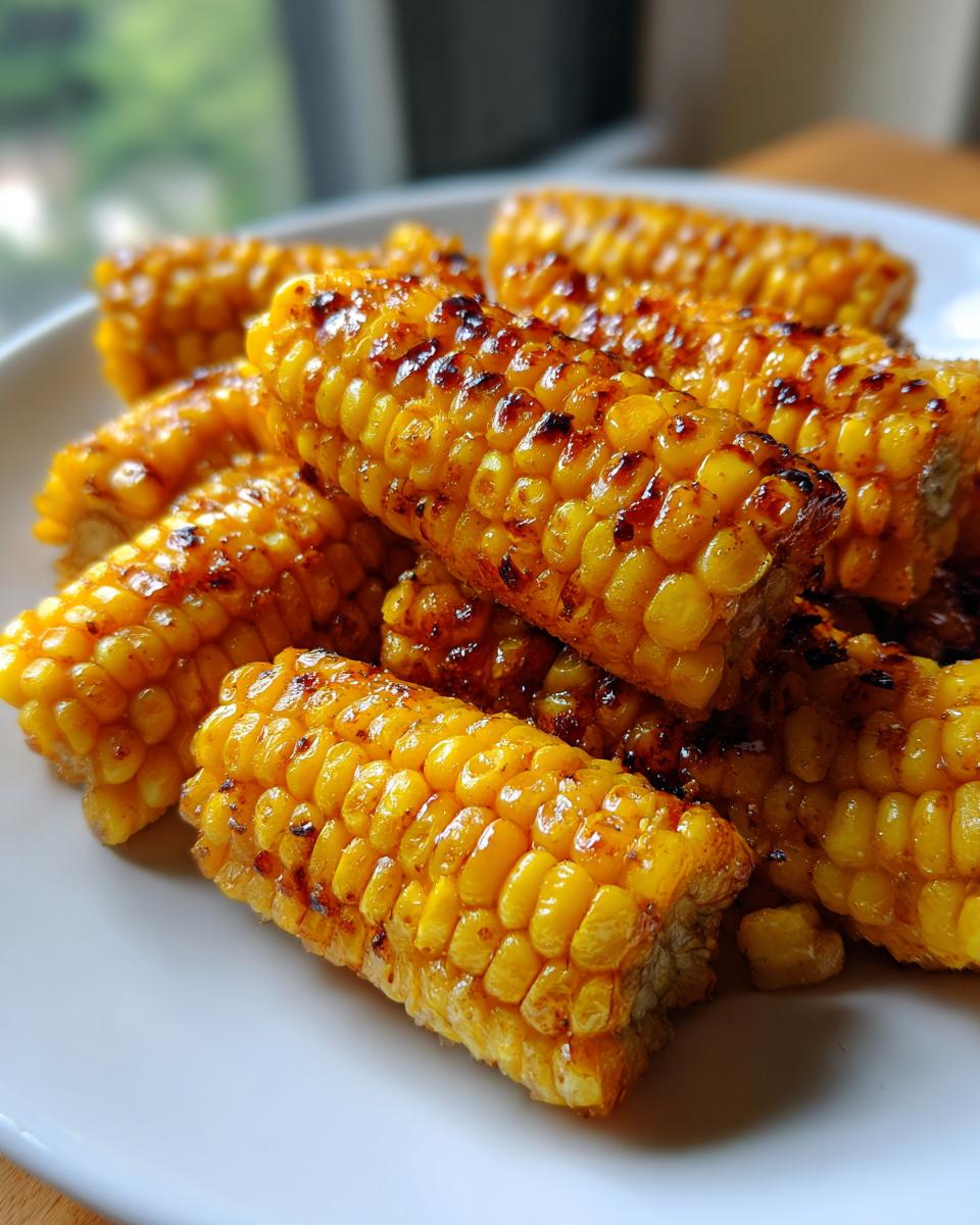 Close-up of several charred and glazed corn cob pieces coated in honey butter, ready to serve.