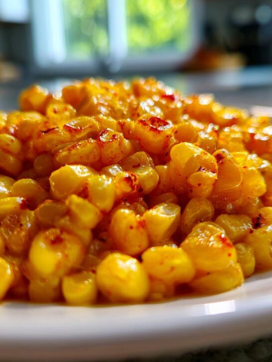 A close-up, low-angle shot of bright yellow, glazed Honey Butter Skillet Corn served on a white plate.