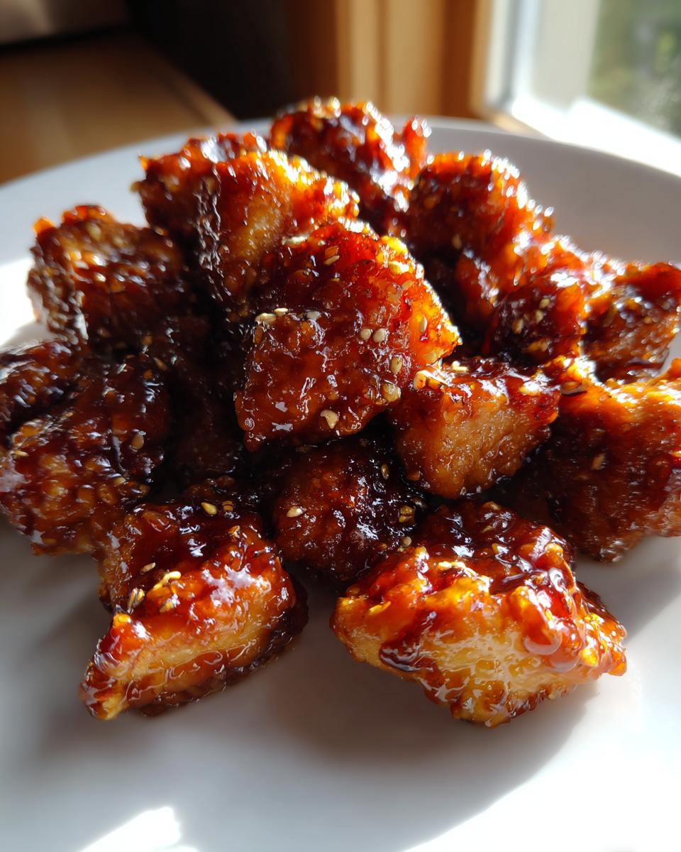 Close-up of crispy, glazed Honey Garlic Chicken pieces sprinkled with sesame seeds on a white plate.
