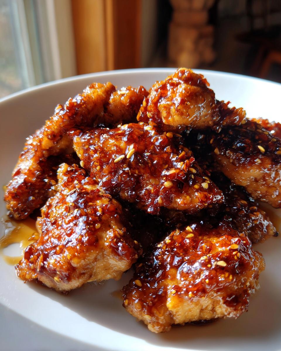 Close-up of crispy chicken pieces coated in a thick, glossy Honey Garlic Chicken sauce and sprinkled with sesame seeds.