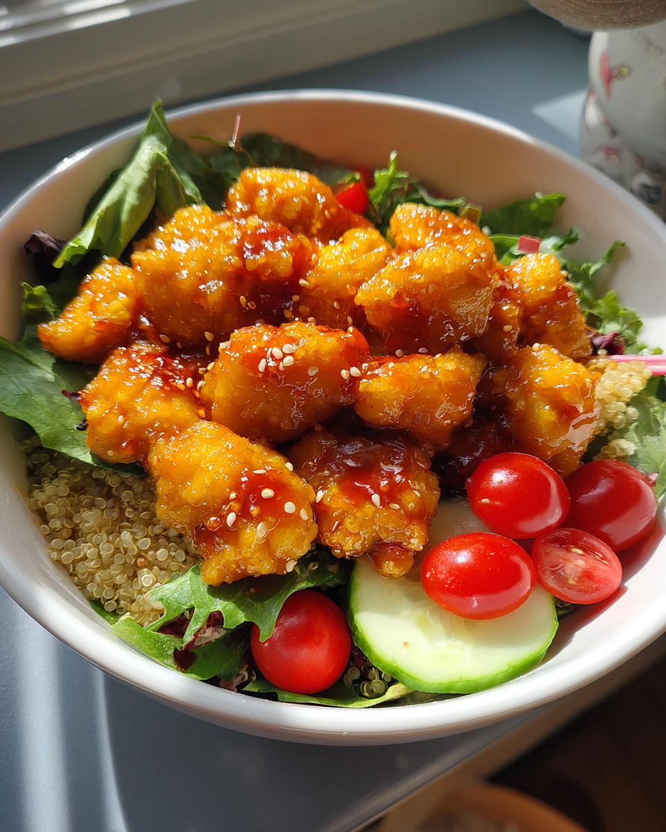 Close-up of a Hot Honey Chicken Bowl Sweet Green Copycat featuring crispy chicken pieces over greens, quinoa, tomatoes, and cucumber.