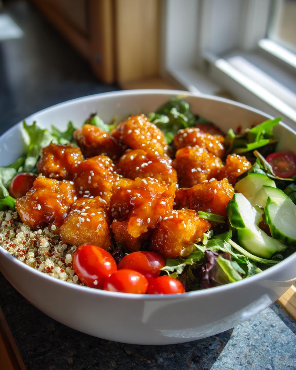 A close-up of the Hot Honey Chicken Bowl Sweet Green Copycat featuring glazed chicken pieces over greens, quinoa, tomatoes, and cucumbers.