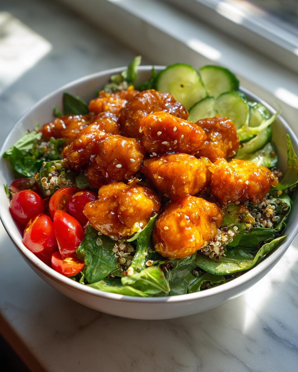Close-up of a Hot Honey Chicken Bowl Sweet Green Copycat with glazed chicken, quinoa, spinach, tomatoes, and cucumbers.
