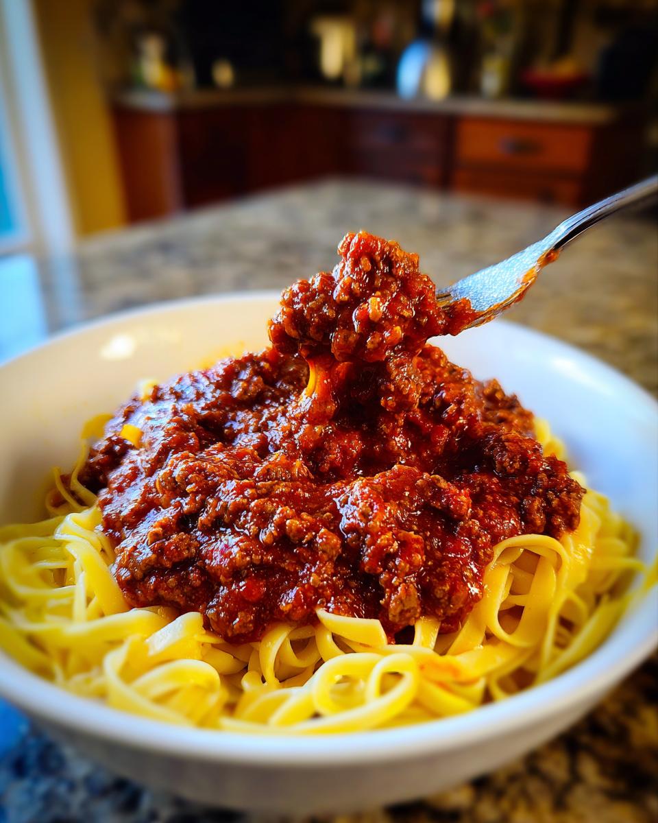 A fork lifting a generous portion of rich Instant Pot Bolognese Sauce over a bed of linguine pasta in a white bowl.