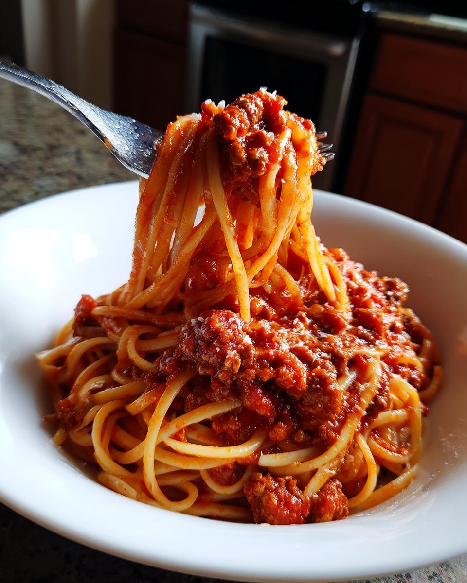 A fork lifting spaghetti coated in rich Instant Pot Bolognese Sauce from a white bowl.