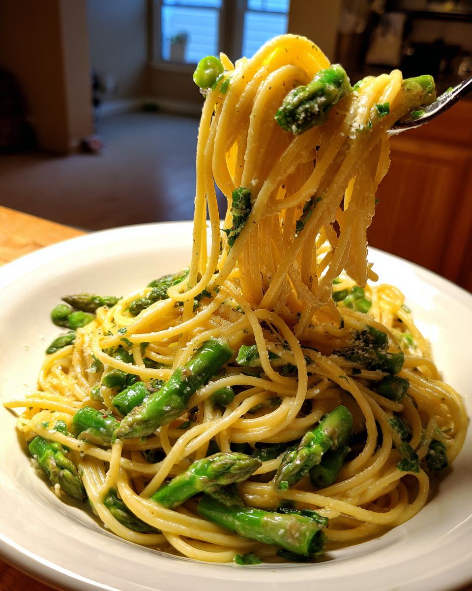 A fork lifts a twirl of spaghetti coated in sauce, mixed with bright green asparagus pieces, from a bowl of Lemon Asparagus Pasta.