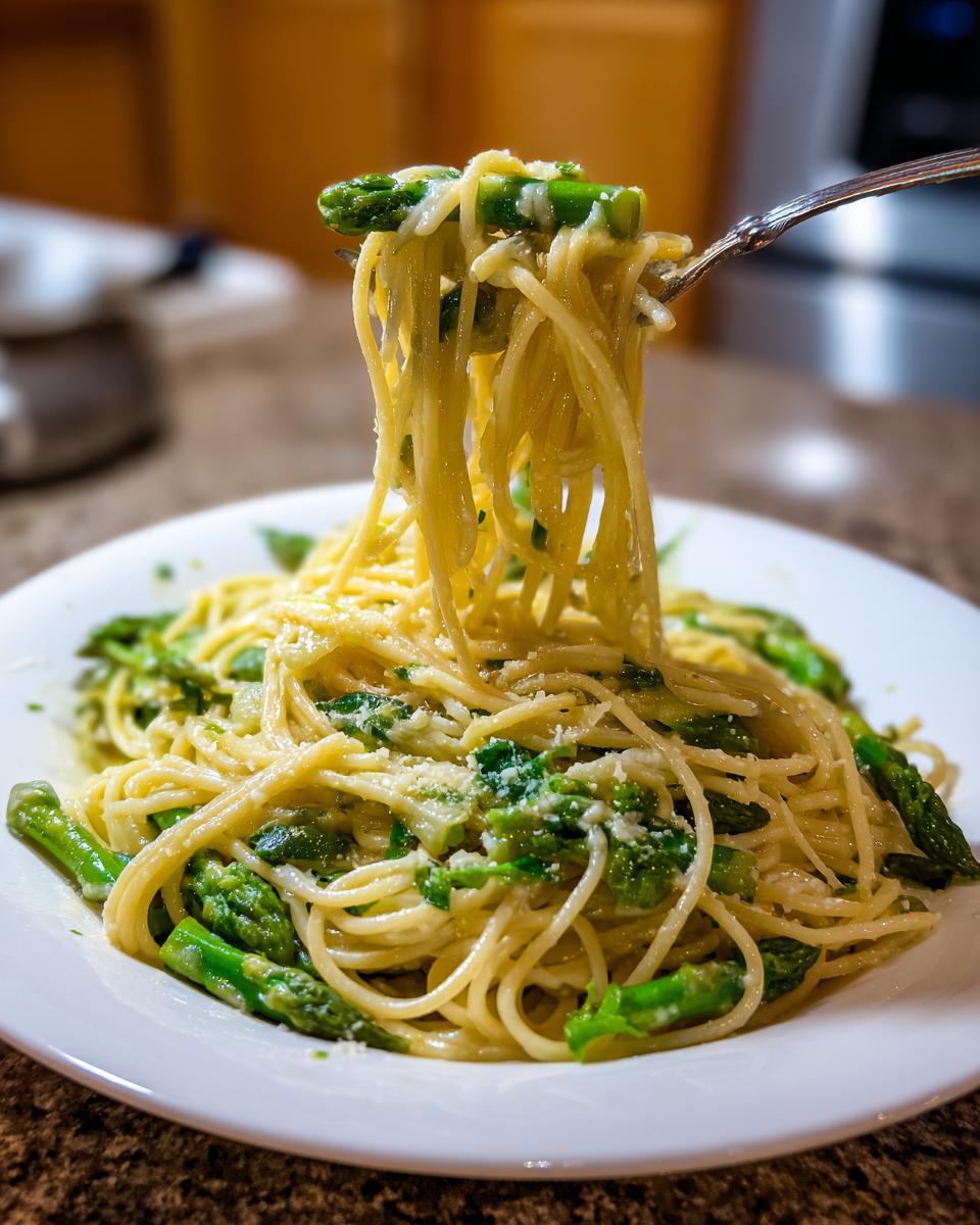 A fork lifts a twirl of Lemon Asparagus Pasta topped with Parmesan cheese from a white plate.