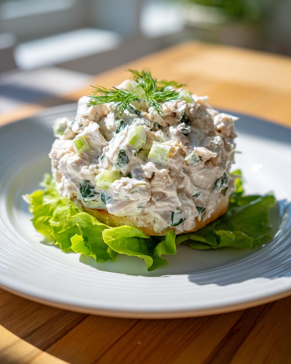 A perfectly portioned mound of Lemon Basil Chicken Salad served on a bed of crisp lettuce, garnished with dill.