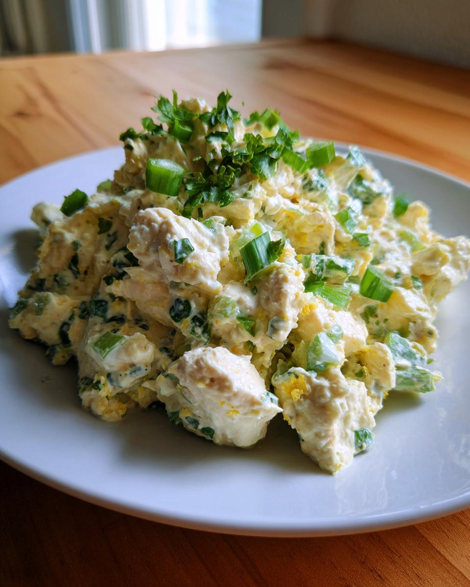 A mound of creamy Lemon Basil Chicken Salad topped with chopped green onions and parsley on a white plate.
