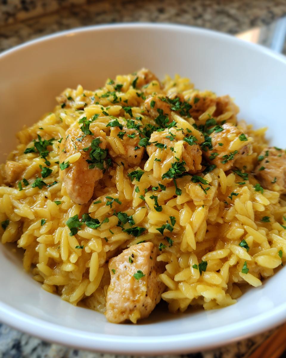Close-up of a white bowl filled with creamy, yellow Lemon Chicken Orzo topped with chopped fresh parsley.
