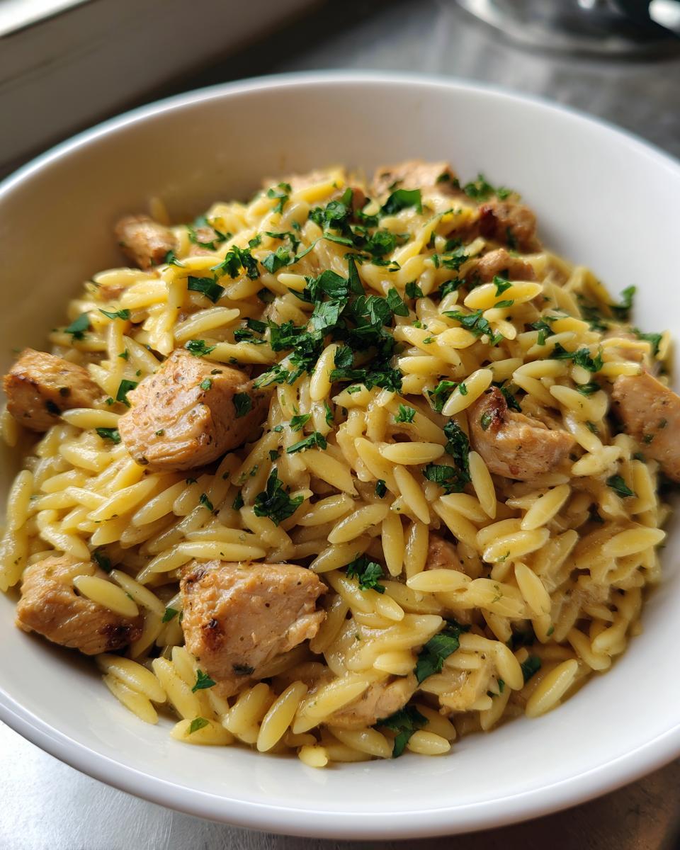 Close-up of a white bowl filled with Lemon Chicken Orzo pasta and diced chicken pieces, topped with fresh parsley.
