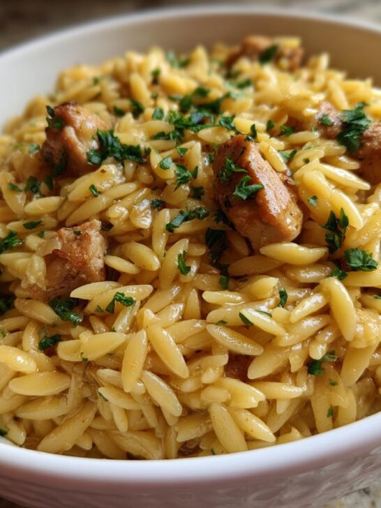 Close-up of a white bowl filled with Lemon Chicken Orzo, featuring golden pasta and browned chicken pieces topped with fresh parsley.
