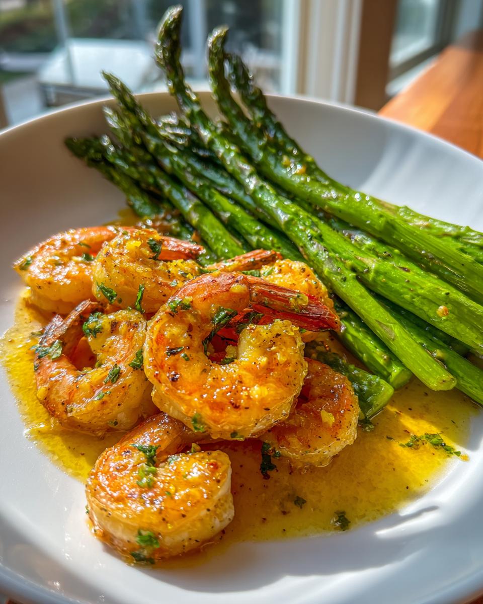Close-up of perfectly cooked Lemon Garlic Shrimp And Asparagus glistening in a buttery sauce.
