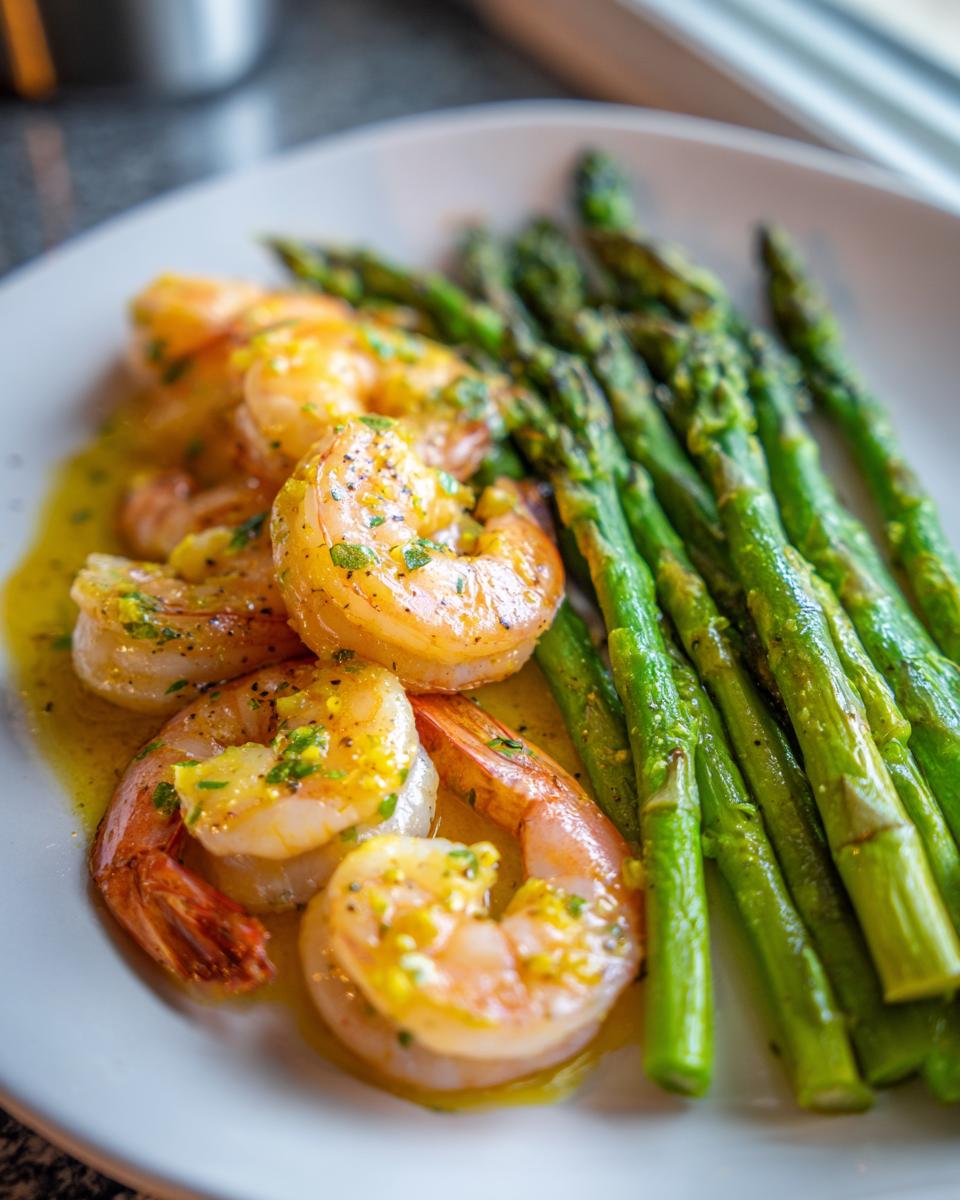 Close-up of succulent Lemon Garlic Shrimp And Asparagus coated in a bright, buttery sauce on a white plate.