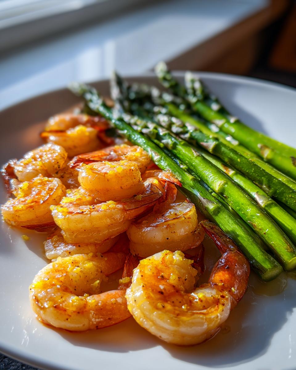 Close-up of juicy Lemon Garlic Shrimp And Asparagus spears served together on a white plate.