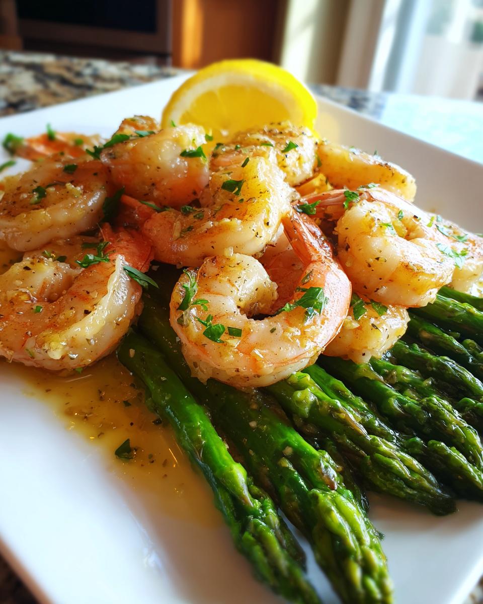 Plated Lemon Garlic Shrimp And Asparagus garnished with parsley and a lemon wedge.