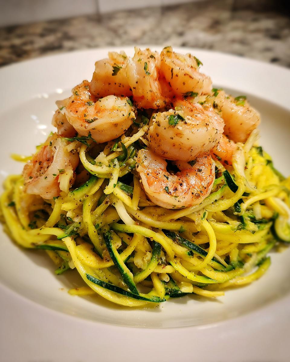 A serving of Lemon Garlic Shrimp And Zucchini Noodles piled high on a white plate, topped with seasoned shrimp.