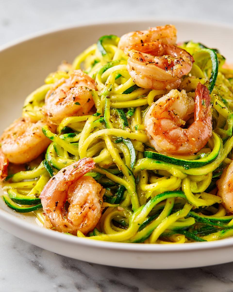 Close-up of pan-seared shrimp served over bright green Lemon Garlic Shrimp And Zucchini Noodles in a white bowl.