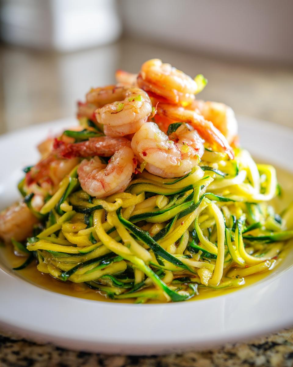 A close-up of Lemon Garlic Shrimp And Zucchini Noodles piled high on a white plate with sauce.