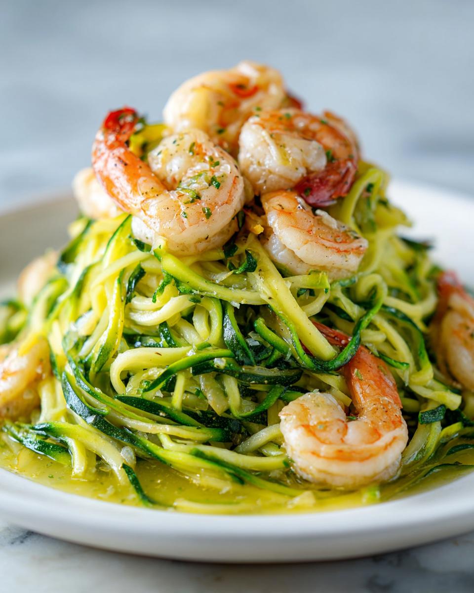 Close-up of Lemon Garlic Shrimp And Zucchini Noodles served in a light sauce on a white plate.