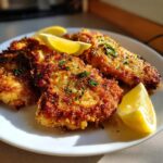 Close-up of golden brown, crispy Lemon Pepper Chicken Cutlets garnished with fresh parsley and lemon wedges.
