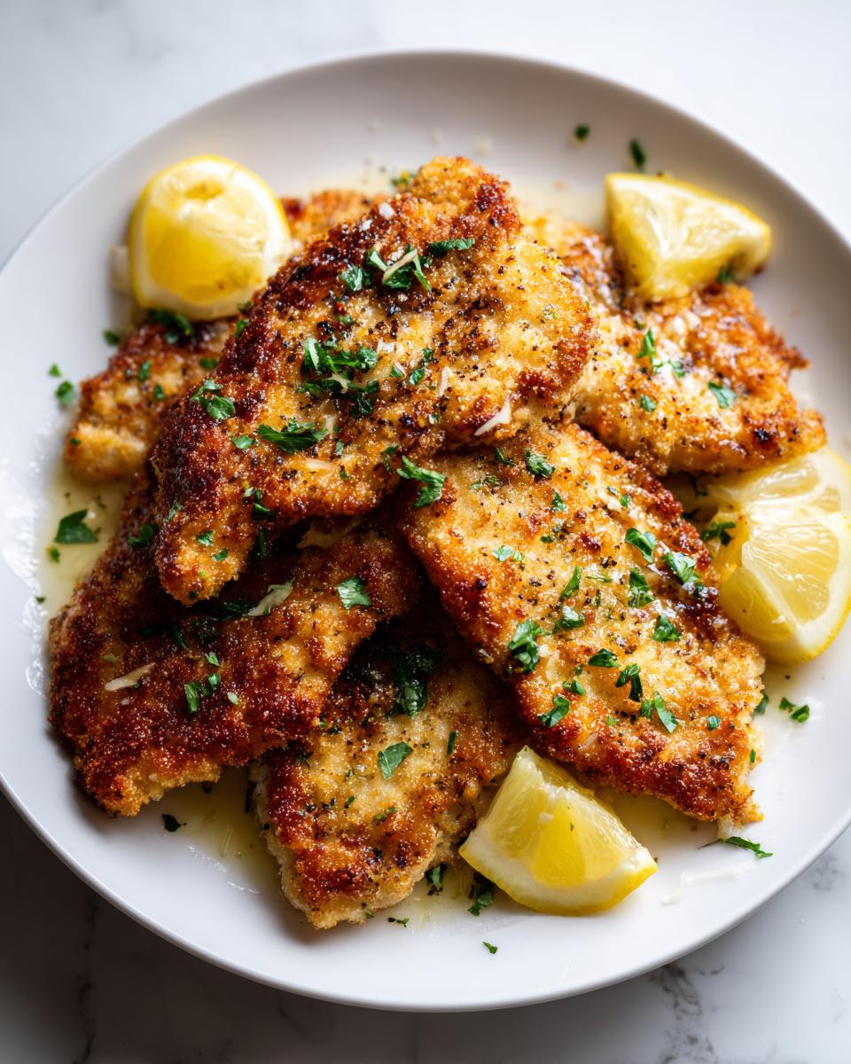 A plate piled high with golden brown Lemon Pepper Chicken Cutlets, garnished with lemon wedges and fresh parsley.