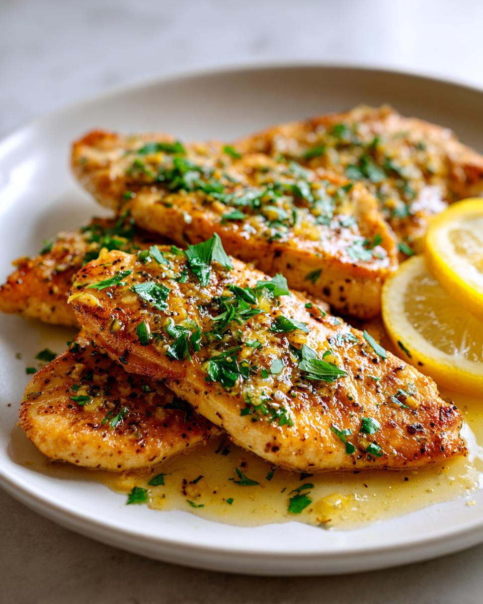 Close-up of golden brown Lemon Pepper Chicken Cutlets drizzled with pan sauce and fresh parsley.