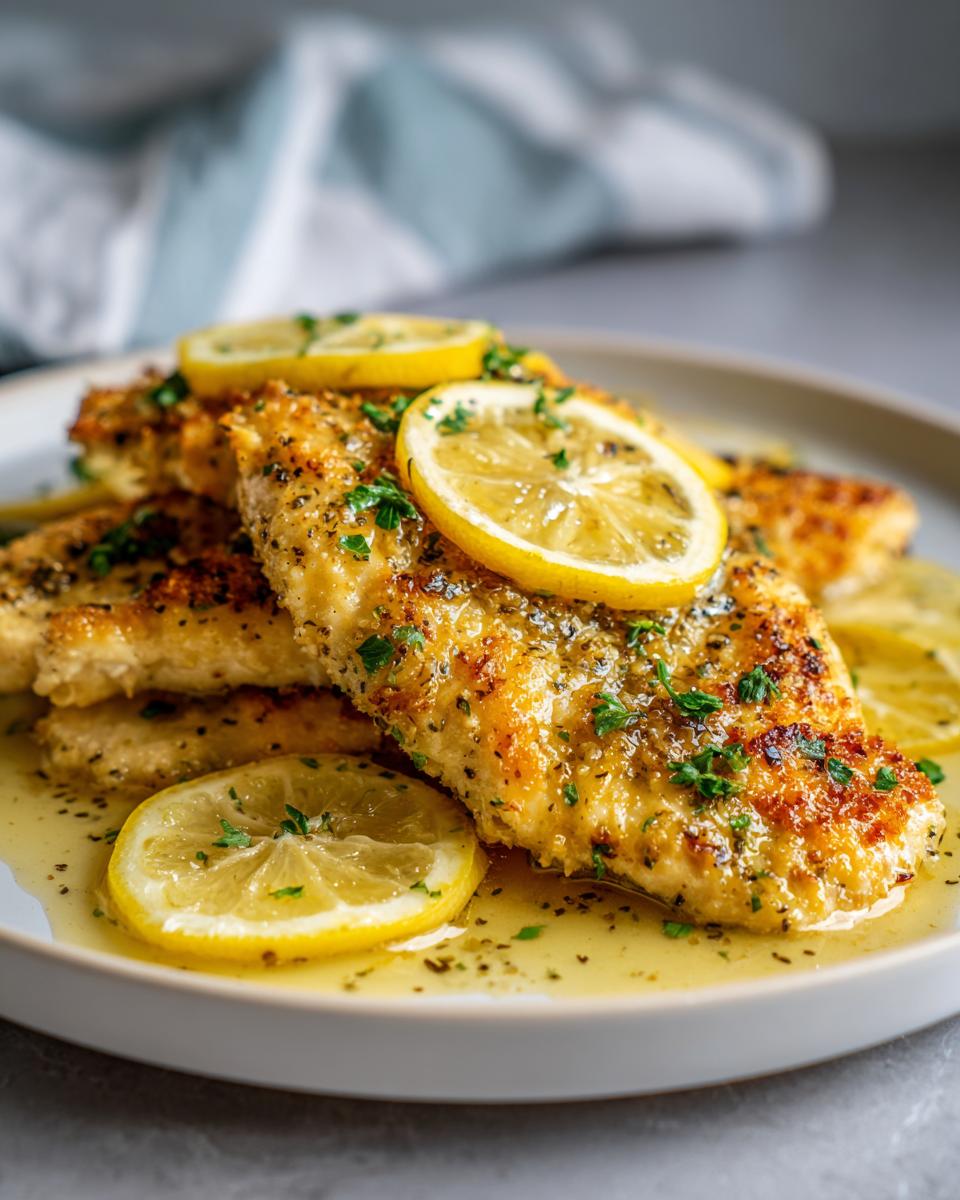 Close-up of golden-brown Lemon Pepper Chicken Cutlets served in a buttery lemon sauce and garnished with fresh lemon slices and parsley.