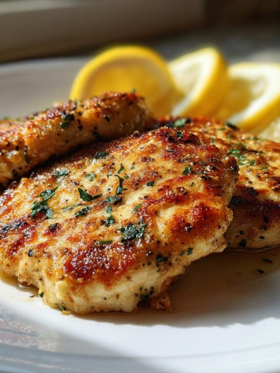 Three golden-brown Lemon Pepper Chicken Cutlets served on a white plate with lemon slices.