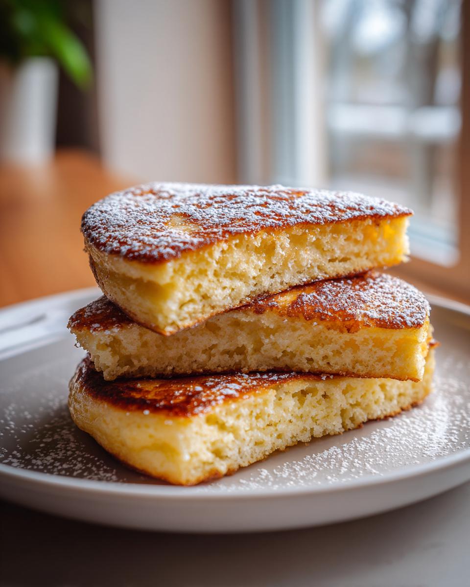 Close-up of three thick slices of fluffy Lemon Ricotta Pancakes stacked and dusted with powdered sugar.
